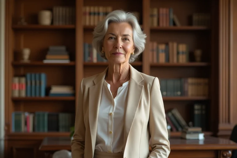 Portrait élégant d'une actrice française emblématique aux traits raffinés dans un intérieur parisien classique