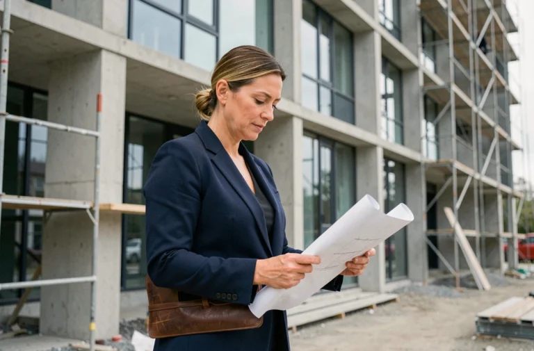 Agente immobilière devant un immeuble résidentiel moderne en construction, consultant des plans architecturaux