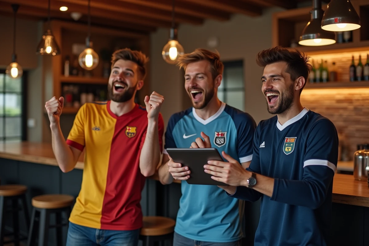Groupe d'amis regardant un match de football en streaming sur tablette dans une cuisine conviviale