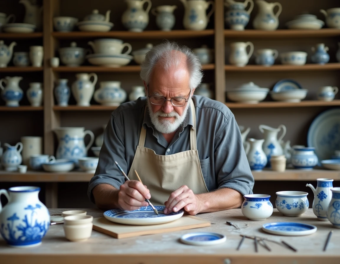 Artisan faïencier peignant de la poterie traditionnelle bleue et blanche dans un atelier de Quimper en Bretagne
