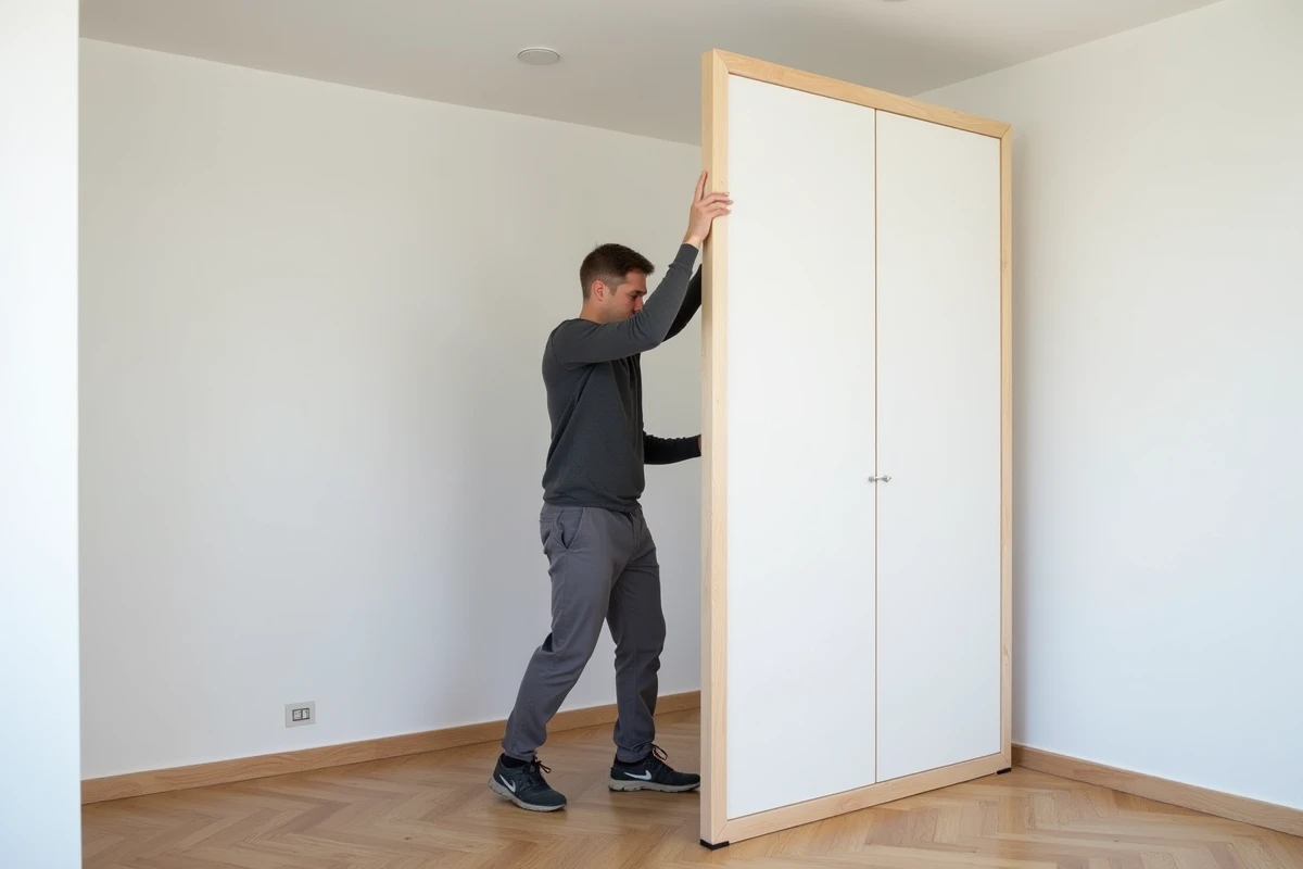 Homme assemblant et positionnant une cloison modulaire amovible sans fixation murale dans un appartement au parquet en chevrons