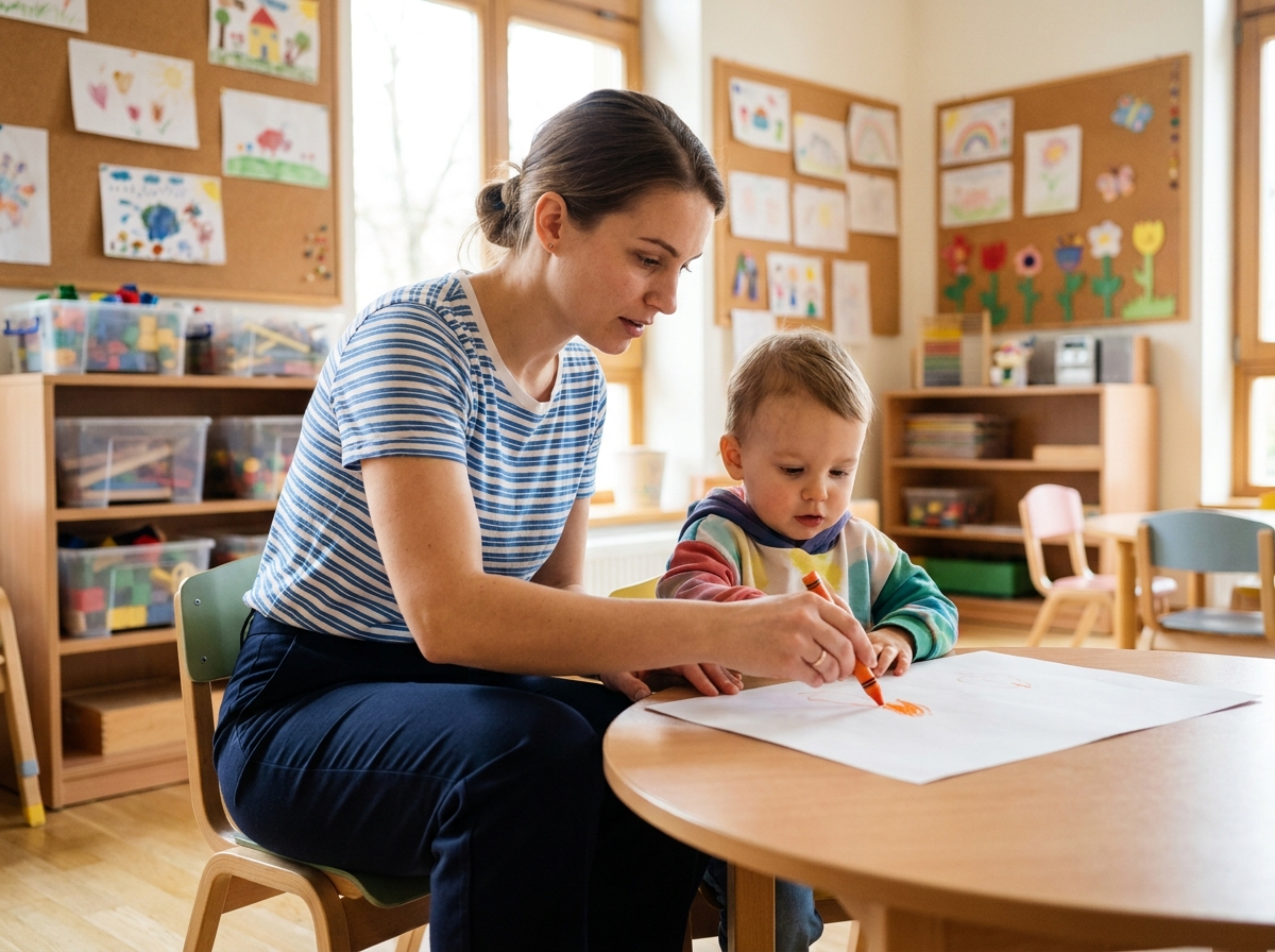 Future auxiliaire de puériculture guidant un enfant en bas âge lors d'un atelier dessin en structure d'accueil