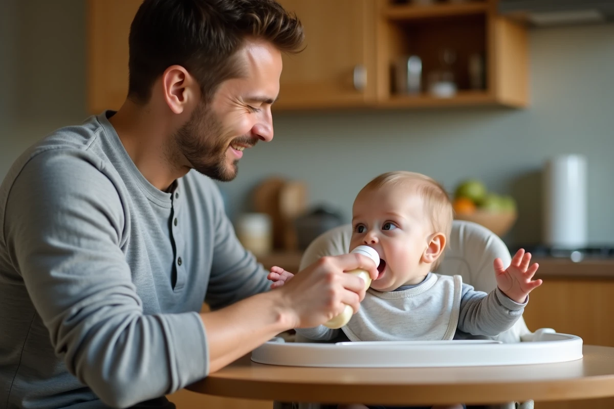 Père donnant le biberon à un bébé glouton dans une cuisine familiale, montrant les signes d'un appétit vorace chez le nourrisson