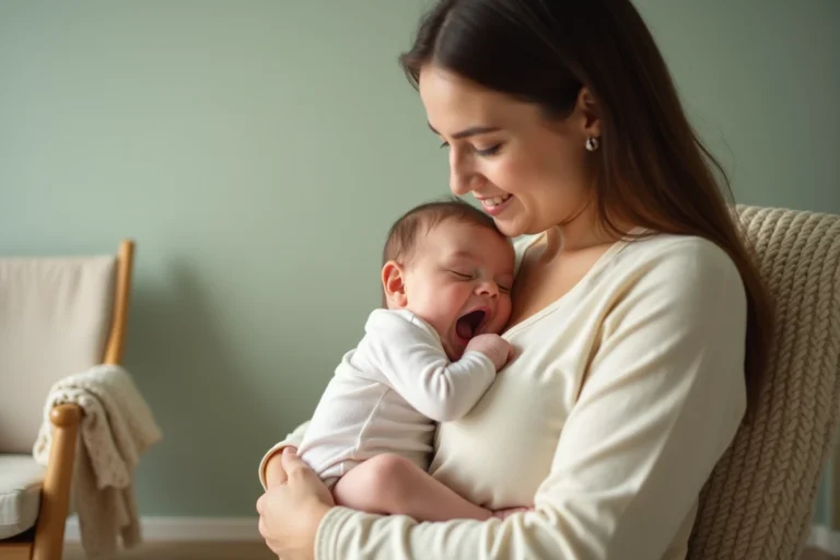 Mère allaitant son bébé glouton dans une chambre de bébé cosy, illustrant les signes de faim intense chez le nourrisson