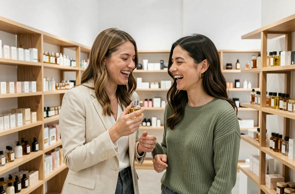Deux femmes découvrant des produits de beauté ensemble dans une boutique cosmétique moderne et lumineuse
