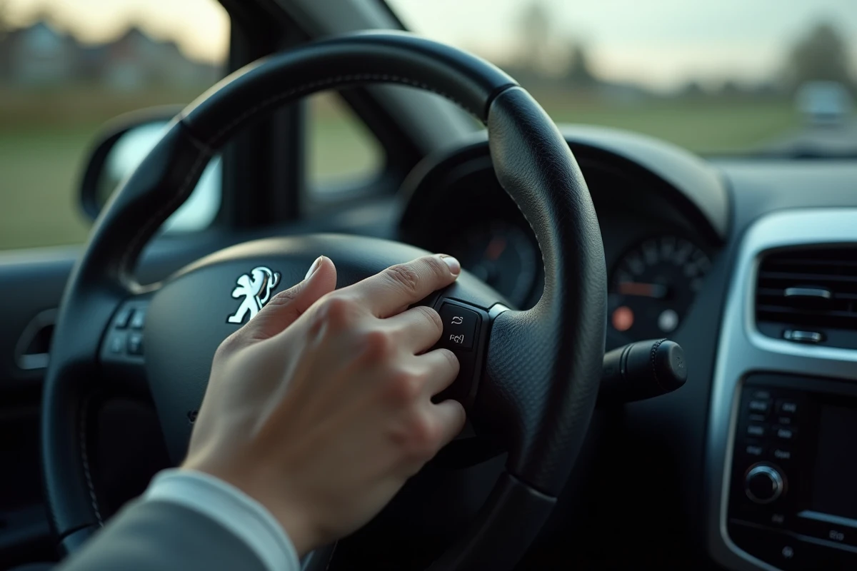Gros plan sur les boutons de commande audio au volant d'une Peugeot 2008 pour éteindre la radio