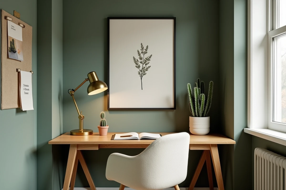 Bureau à domicile tendance dans une alcôve avec chaise boucle crème, bureau en chêne et décoration botanique murale