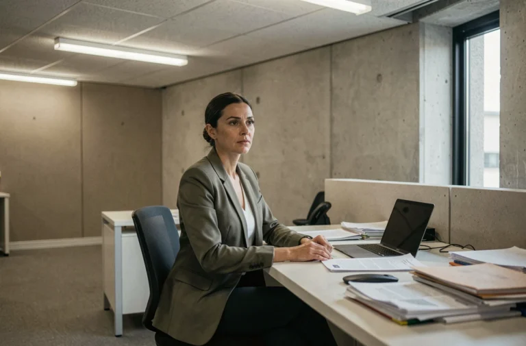 Femme fatiguée assise dans un bureau sans fenêtre au regard perdu vers un mur béton, illustrant l'impact du manque de lumière naturelle au travail