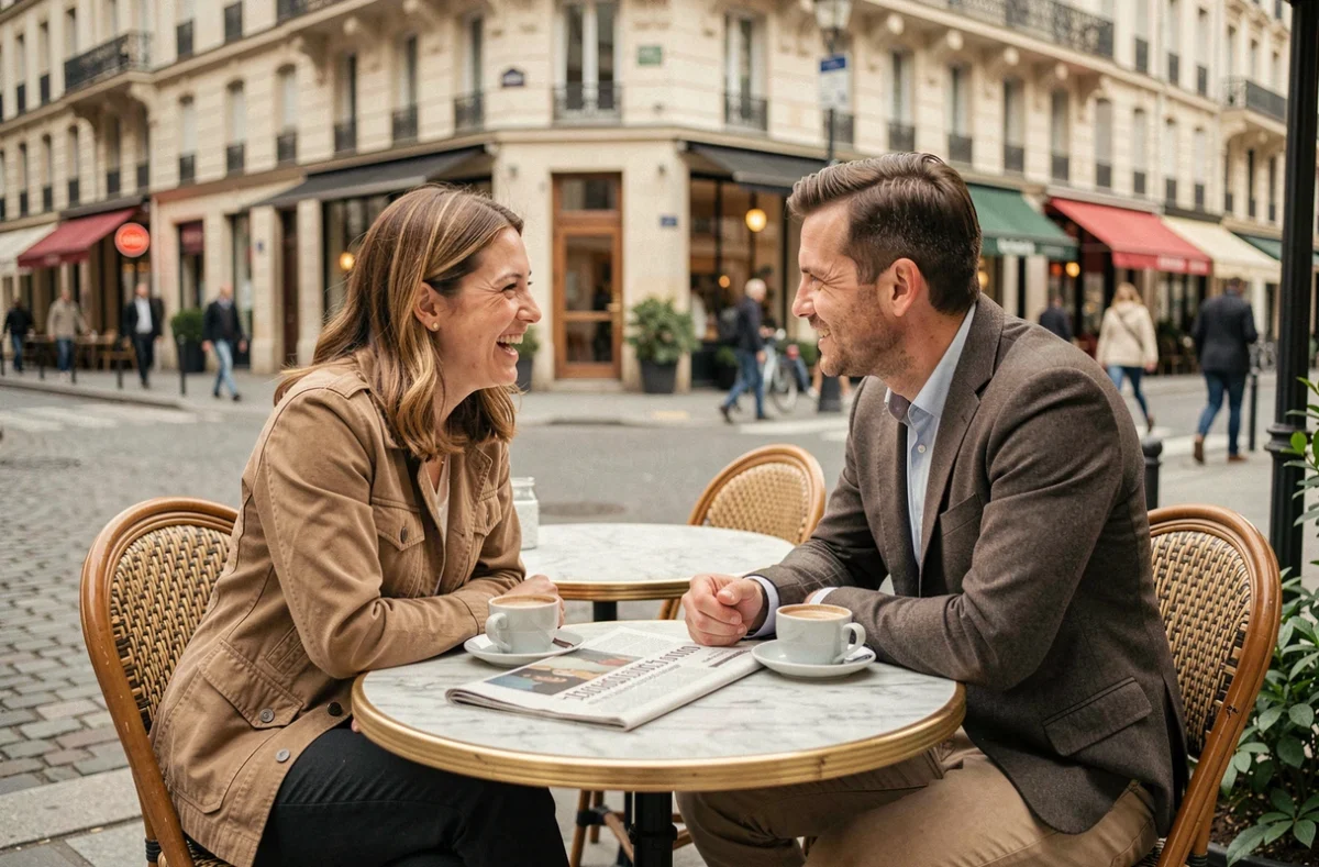Couple en terrasse de café parisien, moment complice illustrant les révélations sur la vie amoureuse de Caroline Munoz