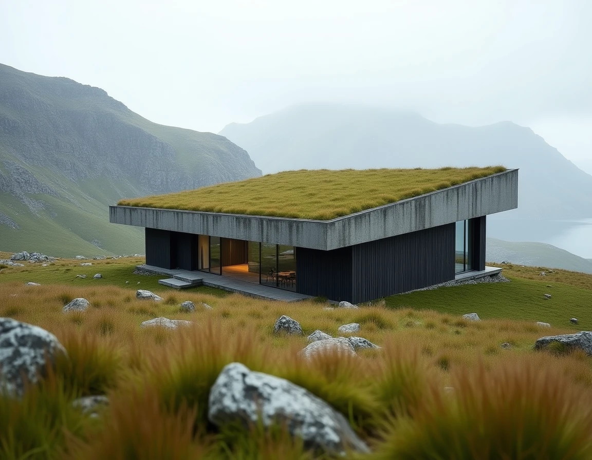 Chalet norvégien contemporain avec toit végétalisé moderne se fondant dans un plateau alpin rocheux sous un ciel nuageux