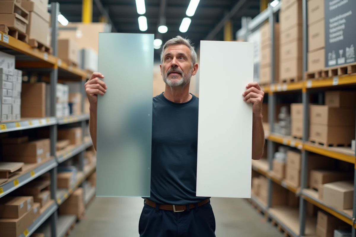 Homme comparant deux types de cloisons amovibles dans un magasin de bricolage pour choisir celle adaptée à son espace