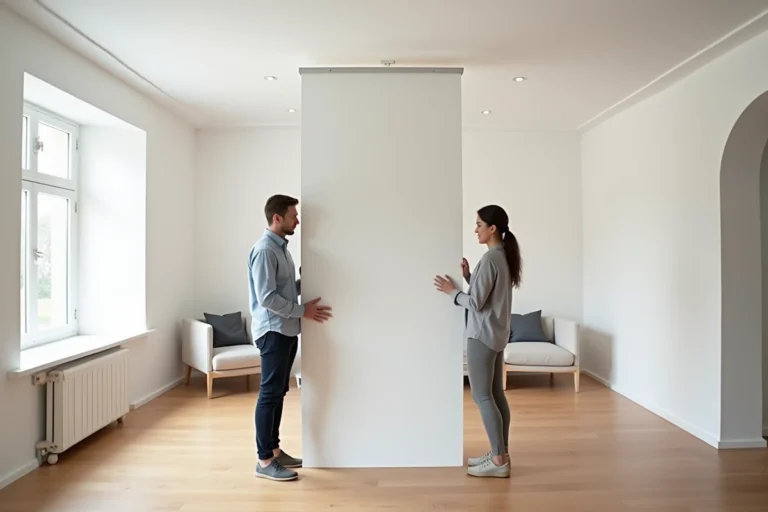 Couple installant une cloison amovible sans perçage dans un appartement moderne au sol en parquet clair