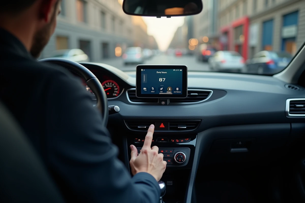 Homme utilisant les commandes de la console centrale pour couper la radio dans une Peugeot 2008