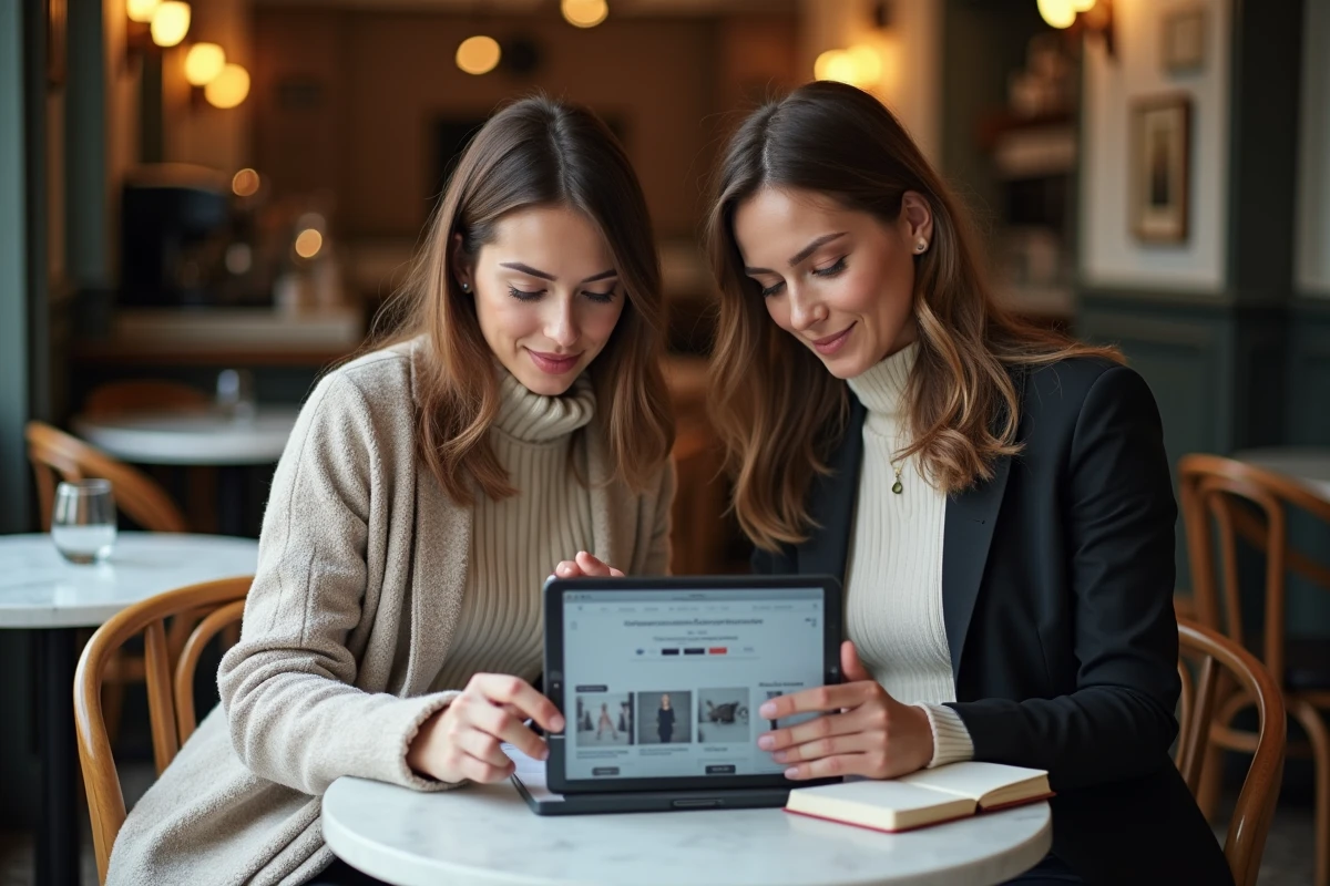 Deux femmes comparant des avis clients sur des sites de mode en ligne dans un café parisien