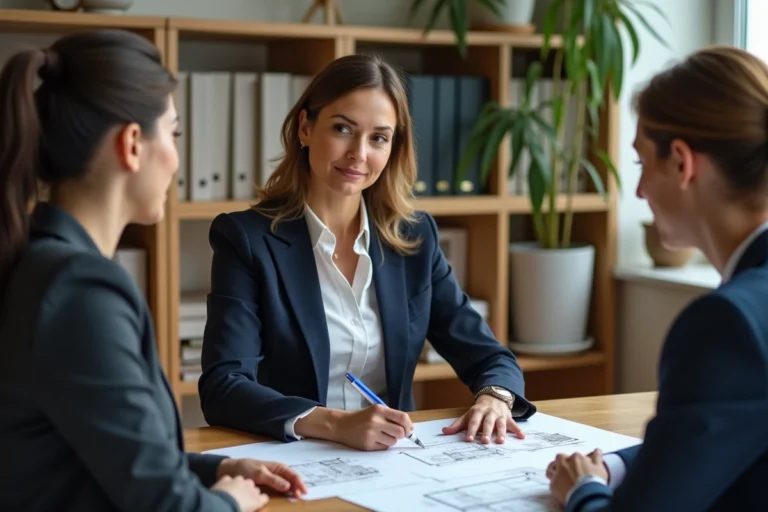 Agent immobilier conseillant un couple lors d'une consultation dans une agence immobilière professionnelle