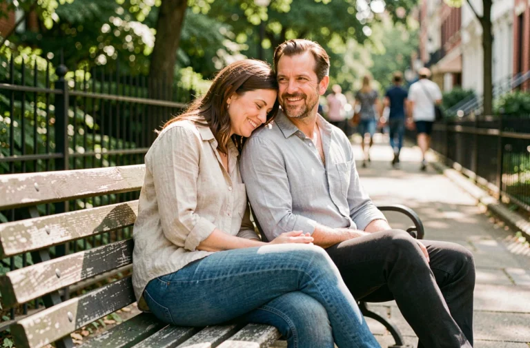Couple complice assis sur un banc dans un parc urbain, illustrant la vie privée de Caroline Munoz et son compagnon
