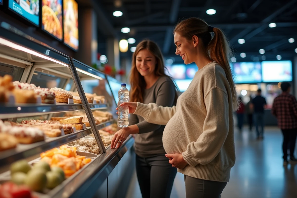 Femme enceinte et son partenaire choisissant des encas sains au comptoir de confiserie d'un cinéma multiplex moderne