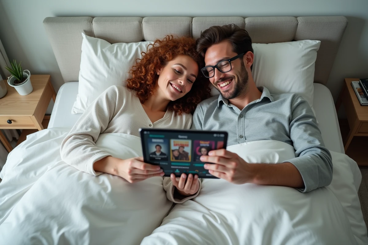 Couple regardant ensemble des films et séries en streaming sur une tablette dans leur chambre