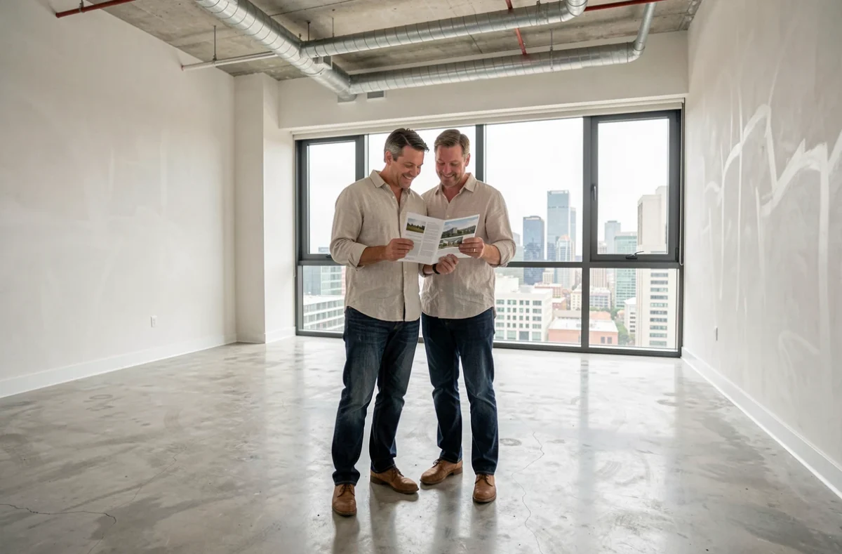 Couple visitant un appartement loft rénové et lumineux, consultant une brochure immobilière
