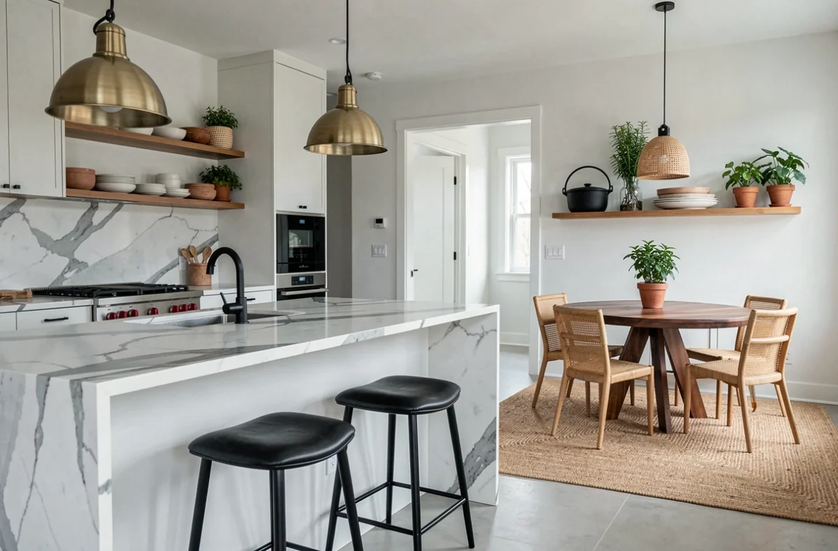 Cuisine moderne avec îlot en marbre, tabourets noirs et espace repas en rotin pour une mise en valeur immobilière haut de gamme