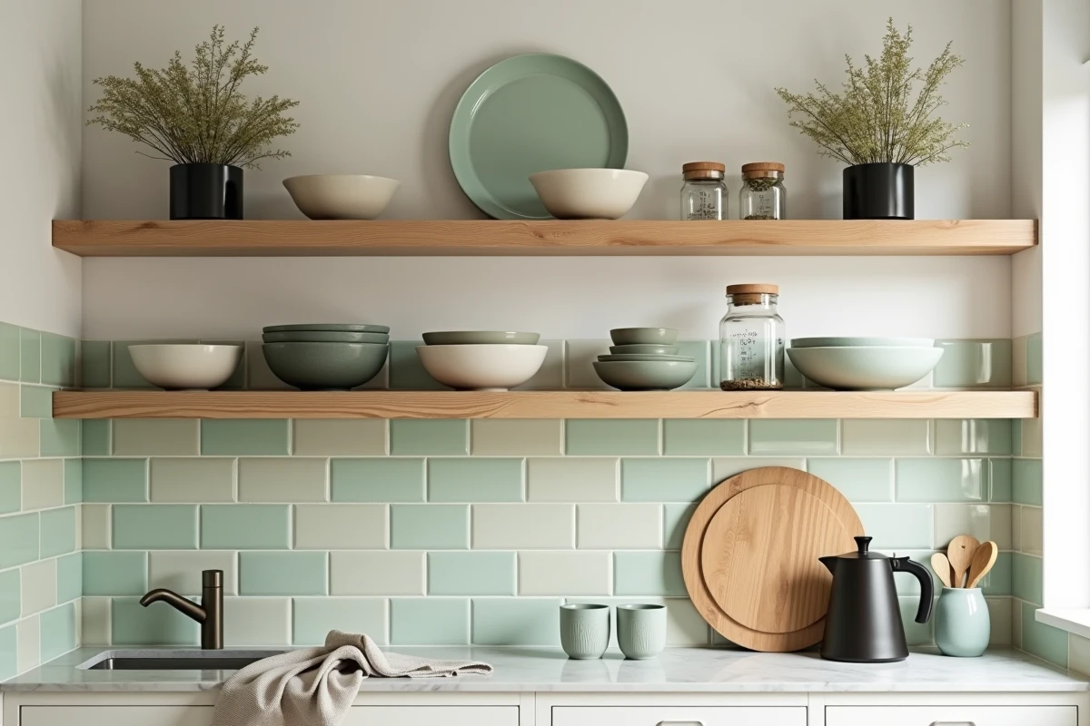 Coin cuisine tendance avec étagères en bois, carrelage zellige vert sauge et accessoires en céramique artisanale