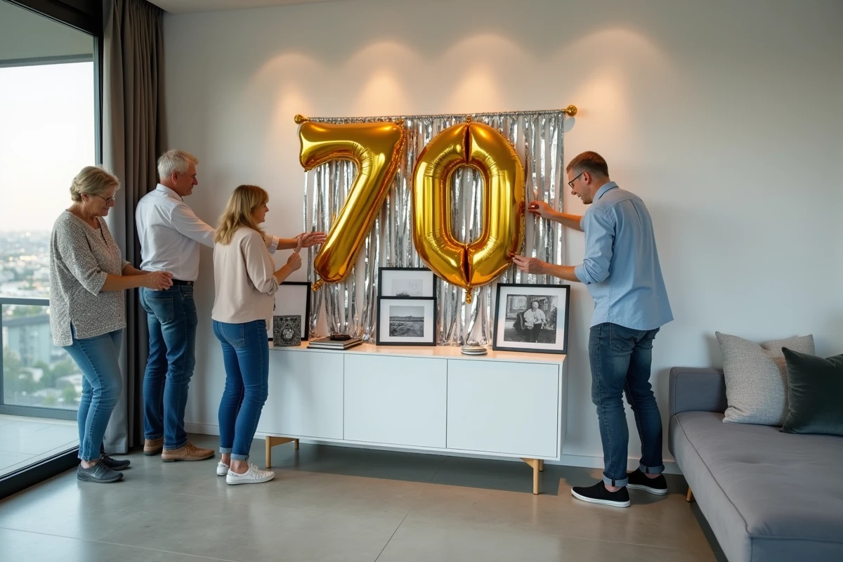 Groupe d'adultes décorant un salon moderne avec des ballons dorés pour un anniversaire de 70 ans en surprise