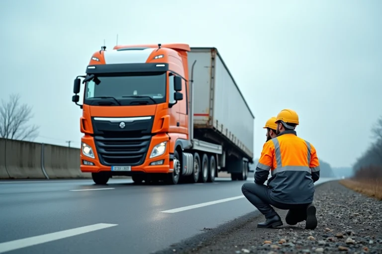 Camion de dépannage poids lourd sur le bord d'une autoroute française avec deux techniciens en gilets haute visibilité évaluant un semi-remorque accidenté