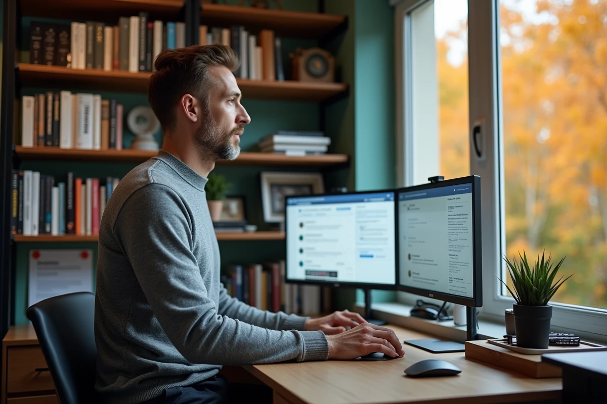 Entrepreneur travaillant seul sur une stratégie de marketing digital et de référencement depuis un bureau à domicile