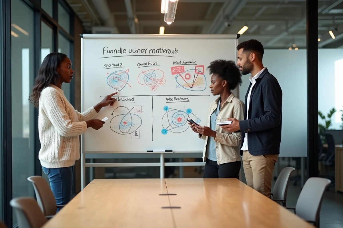 Équipe de professionnels du marketing digital collaborant autour d'une stratégie de visibilité en ligne sur un tableau blanc