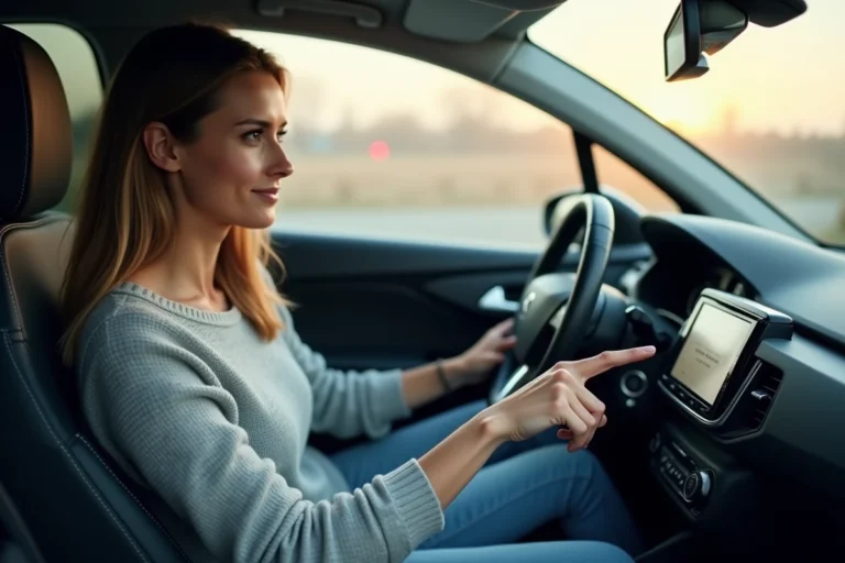 Femme appuyant sur le bouton d'arrêt de la radio sur l'écran tactile d'une Peugeot 2008