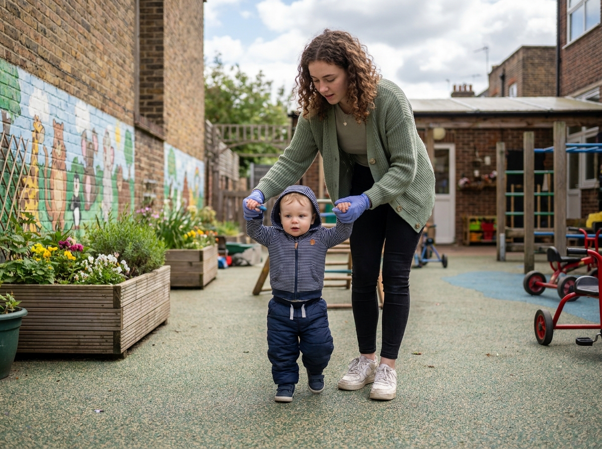 Étudiante en CAP petite enfance accompagnant un tout-petit lors d'une sortie extérieure dans la cour de crèche