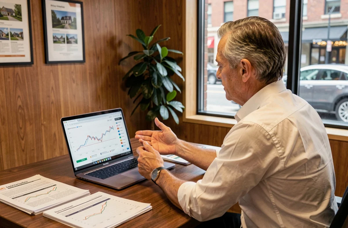 Expert immobilier analysant les tendances du marché avec des rapports et graphiques dans un bureau professionnel