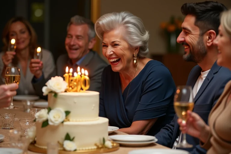 Femme de 70 ans soufflant les bougies de son gâteau d'anniversaire entourée de sa famille lors d'une fête élégante