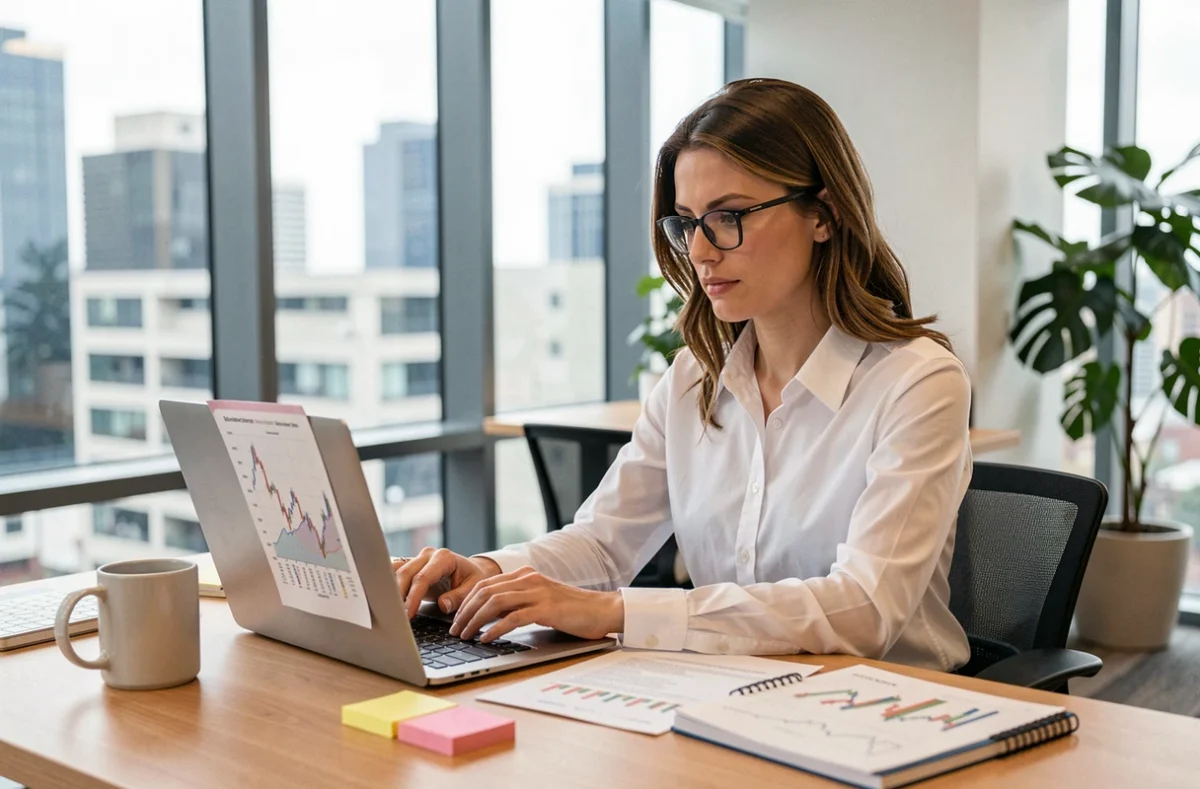Femme analysant des graphiques financiers sur un ordinateur portable dans un bureau moderne