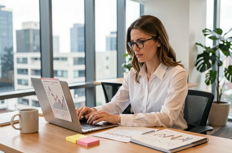 Femme analysant des graphiques financiers sur un ordinateur portable dans un bureau moderne