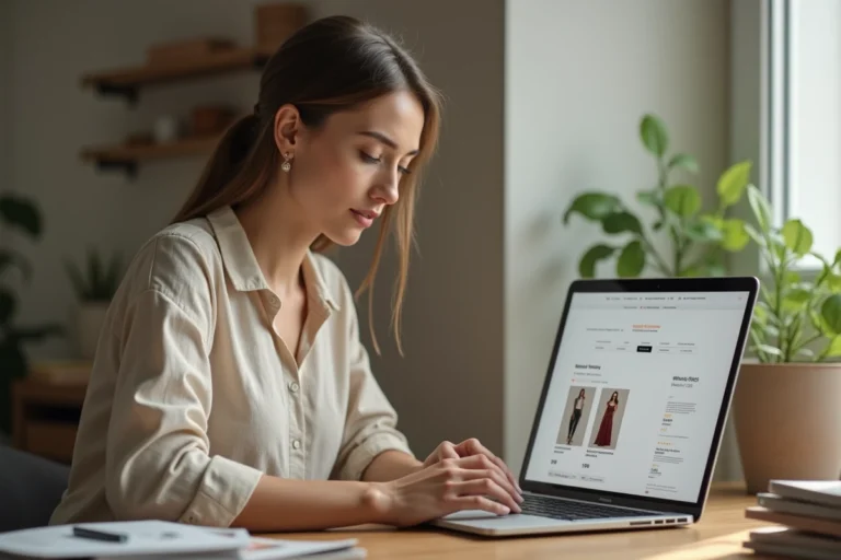 Femme consultant des avis clients sur un site de mode en ligne depuis son bureau à domicile
