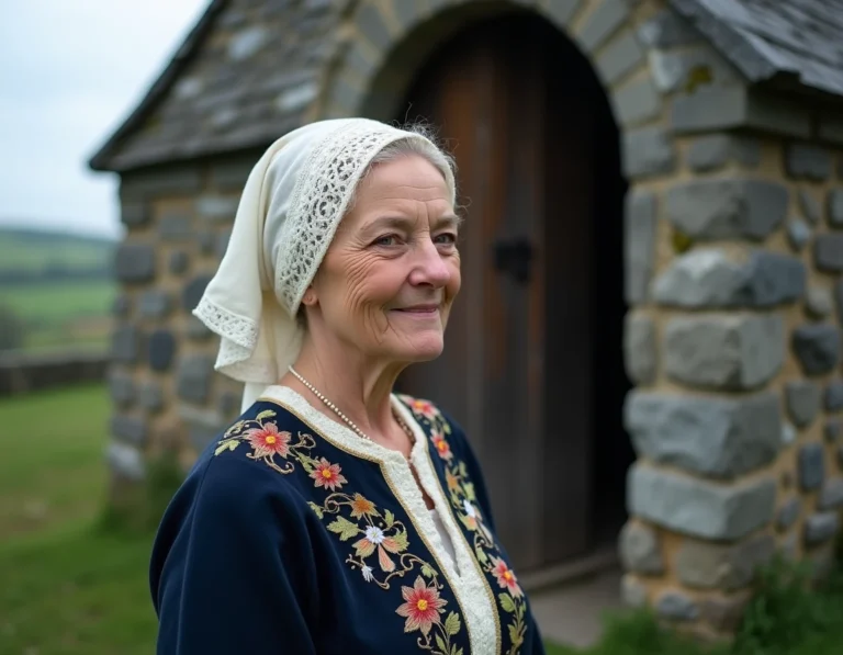 Femme bretonne en costume traditionnel avec coiffe en dentelle devant une chapelle en granit sur la côte bretonne