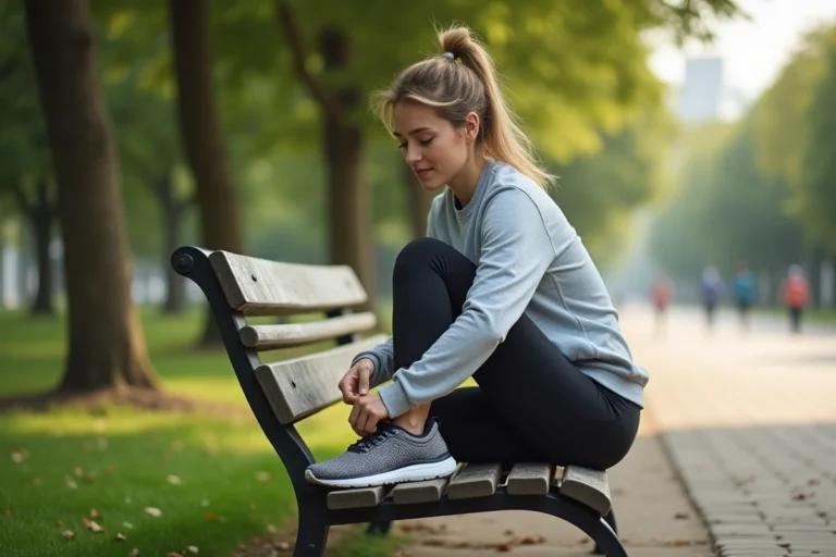 Femme d age moyen nouant ses chaussures de course dans un parc