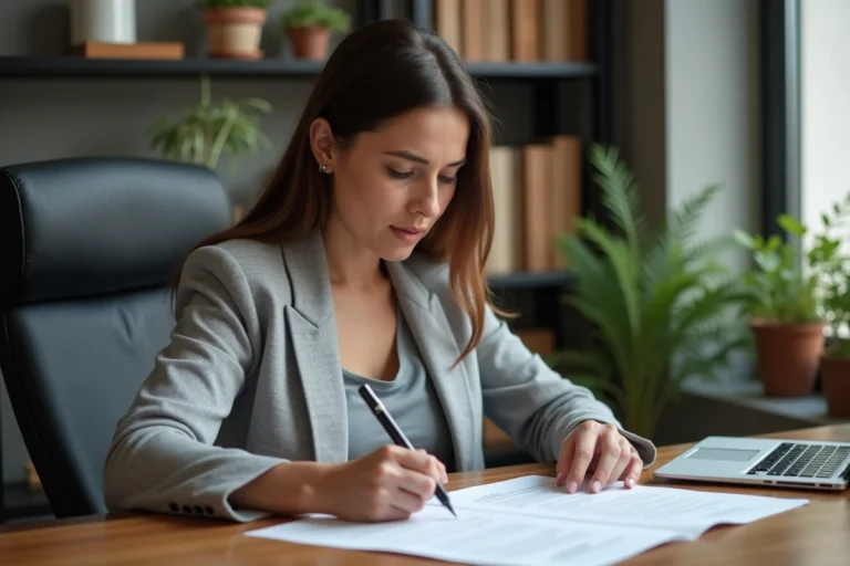 Femme examinant deux contrats de location simultanément sur un bureau en bois dans un bureau à domicile moderne