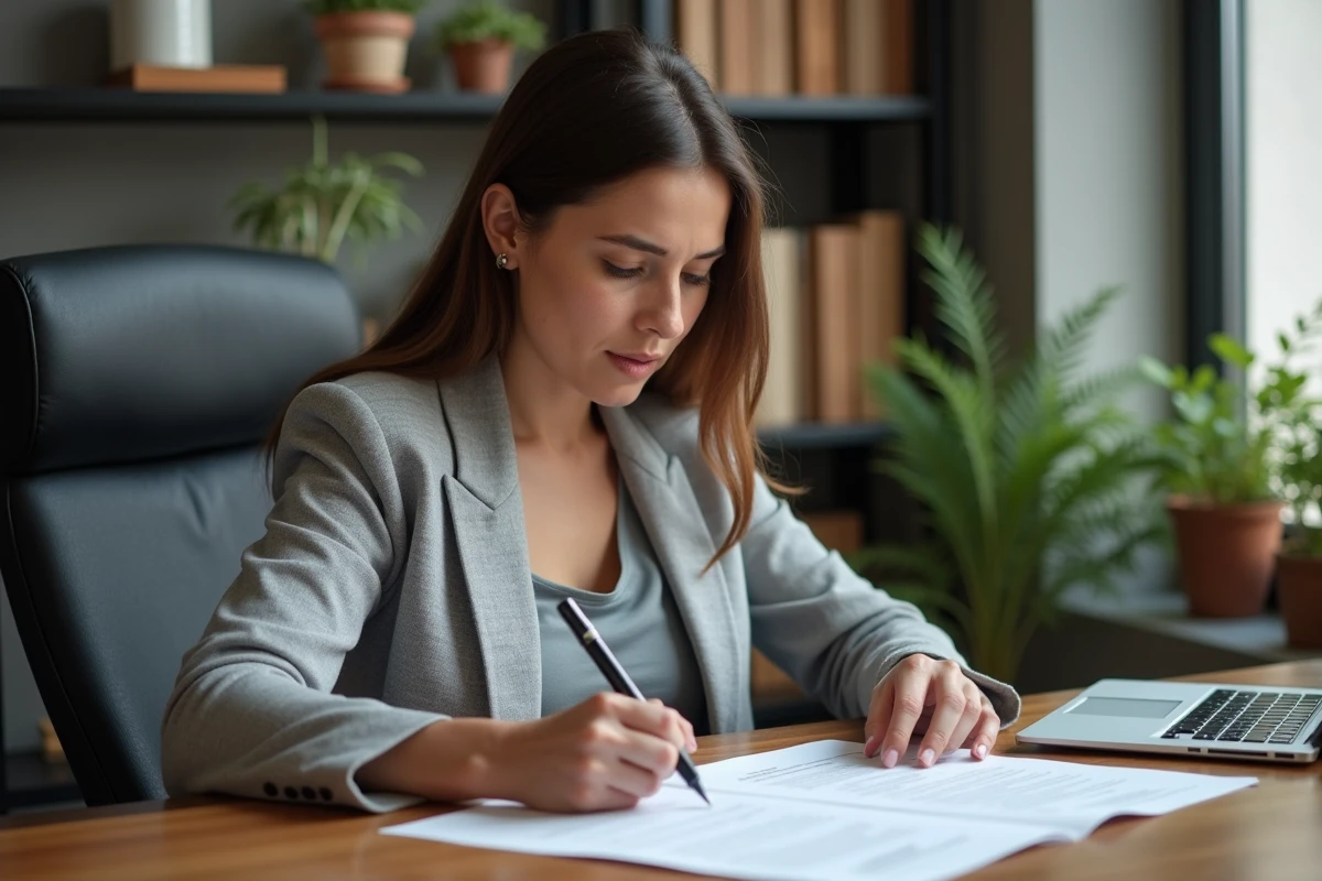 Femme examinant deux contrats de location simultanément sur un bureau en bois dans un bureau à domicile moderne