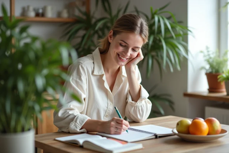 Femme souriante écrivant dans un journal de bien-être à la maison
