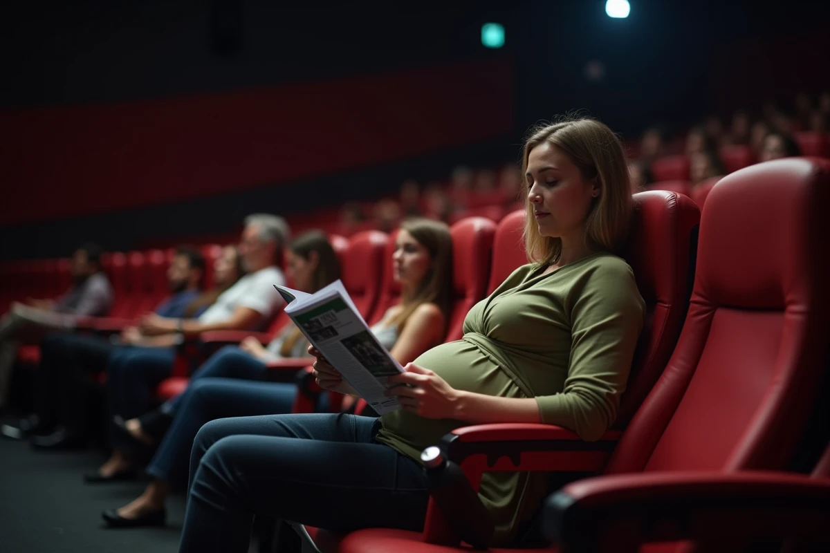 Femme enceinte installée confortablement dans un siège côté allée au cinéma, consultant le programme du film avec sérénité