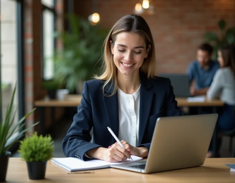 Femme professionnelle suivant une formation en ligne dans un espace de coworking moderne en 2024