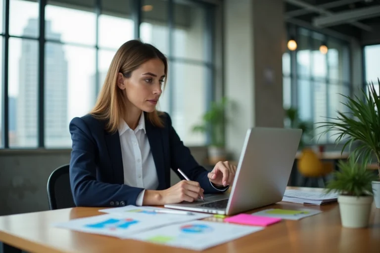 Femme professionnelle analysant des données de marketing digital sur un tableau de bord analytique dans un bureau moderne