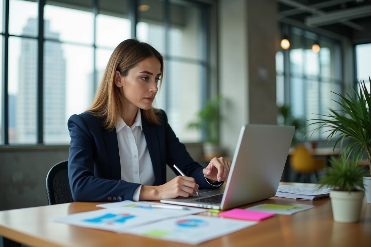 Femme professionnelle analysant des données de marketing digital sur un tableau de bord analytique dans un bureau moderne