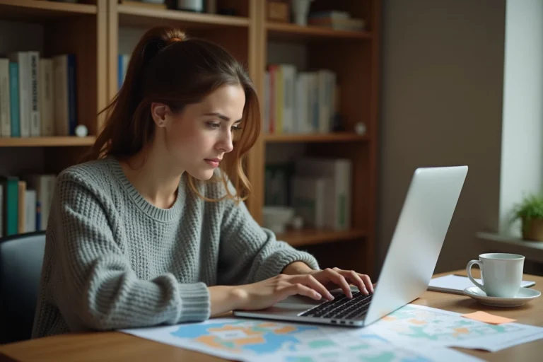 Femme cherchant une adresse sur ordinateur portable avec carte imprimée et notes sur un bureau en bois