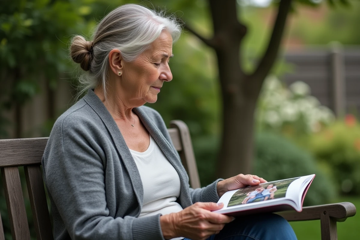Femme âgée regardant un album photo dans un jardin paisible