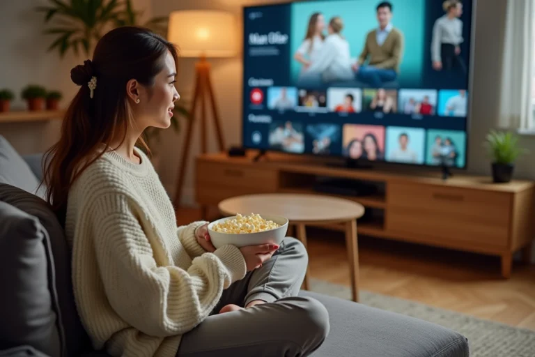 Jeune femme regardant un service de streaming vidéo sur sa télévision depuis son canapé à la maison