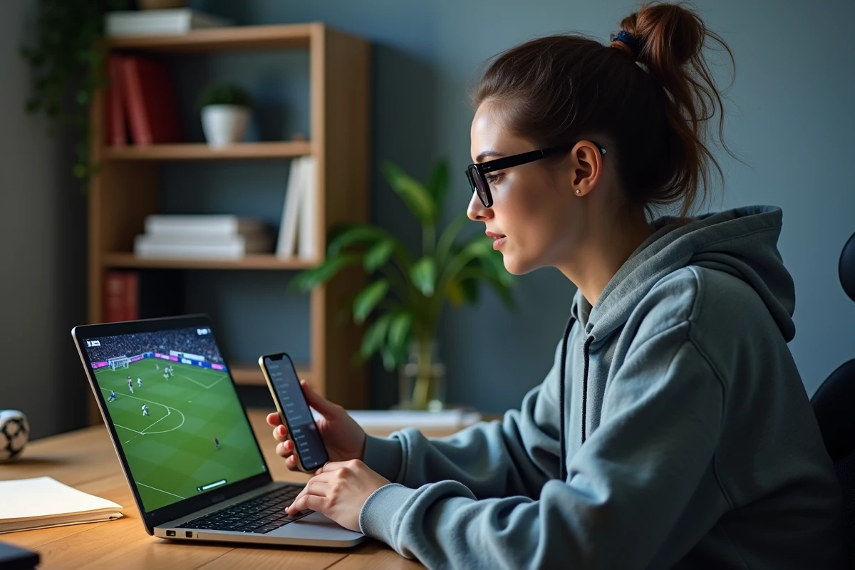 Jeune femme regardant le football en streaming sur ordinateur portable avec son smartphone