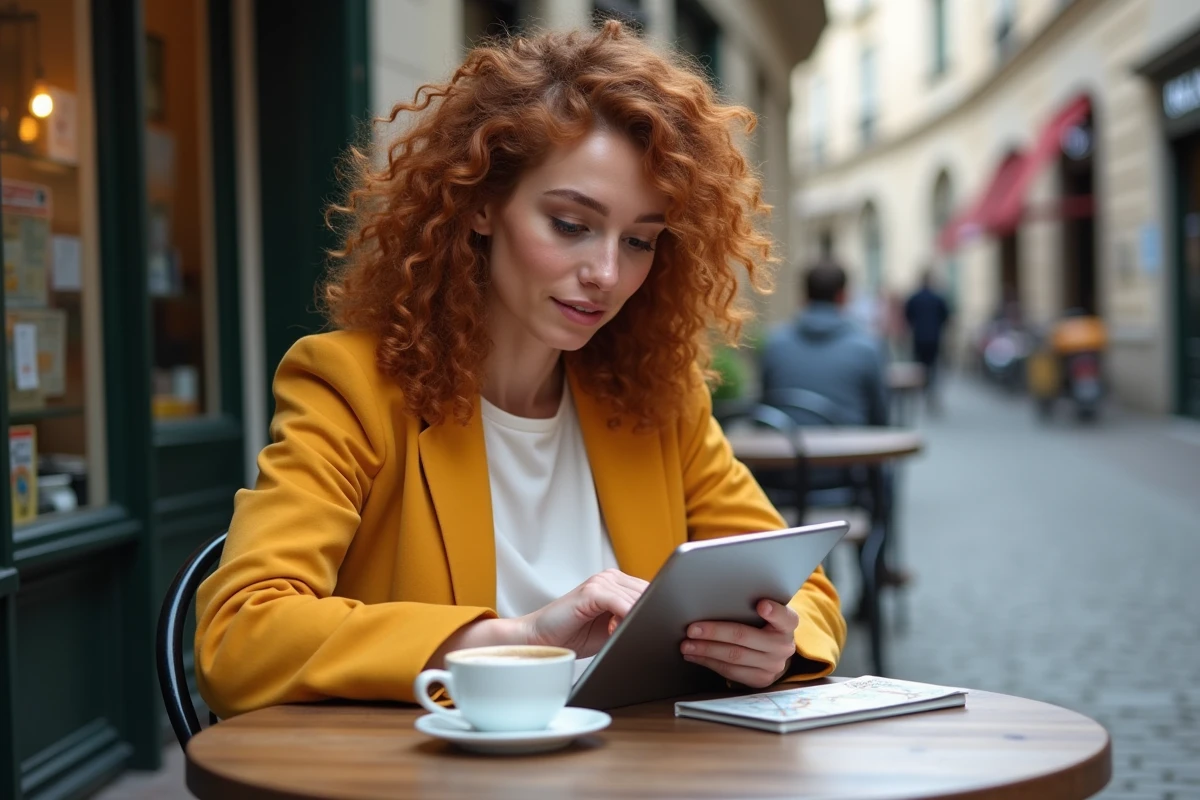 Jeune femme utilisant une application de carte sur tablette en terrasse de café pour localiser une adresse